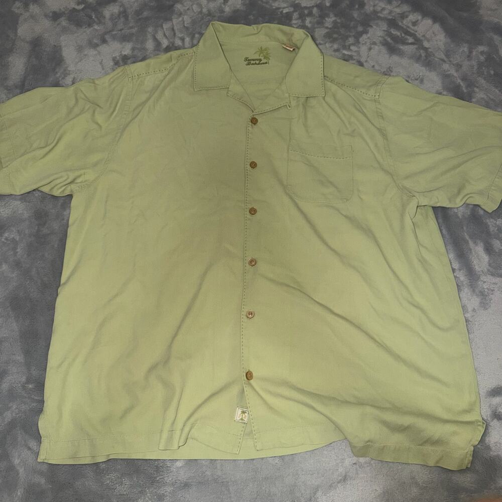Tommy Bahama 100% Silk Camp Shirt Sage Green Palm Tree Men's XL